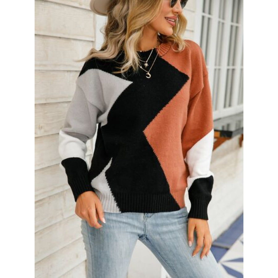 Color Block Round Neck Dropped Shoulder Sweater Ochre / S Apparel and Accessories