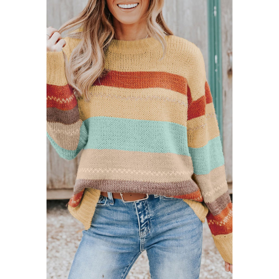 Color Block Round Neck Dropped Shoulder Sweater Pastel Yellow / S Apparel and Accessories