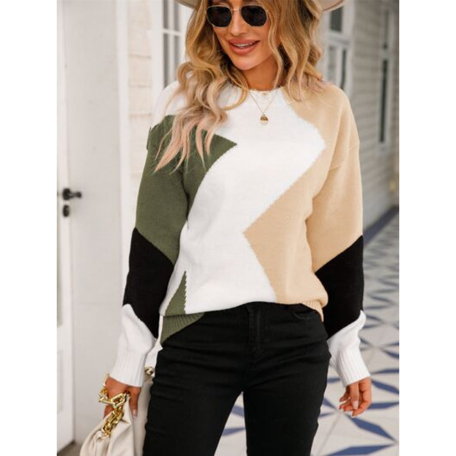 Color Block Round Neck Dropped Shoulder Sweater Sand / S Apparel and Accessories