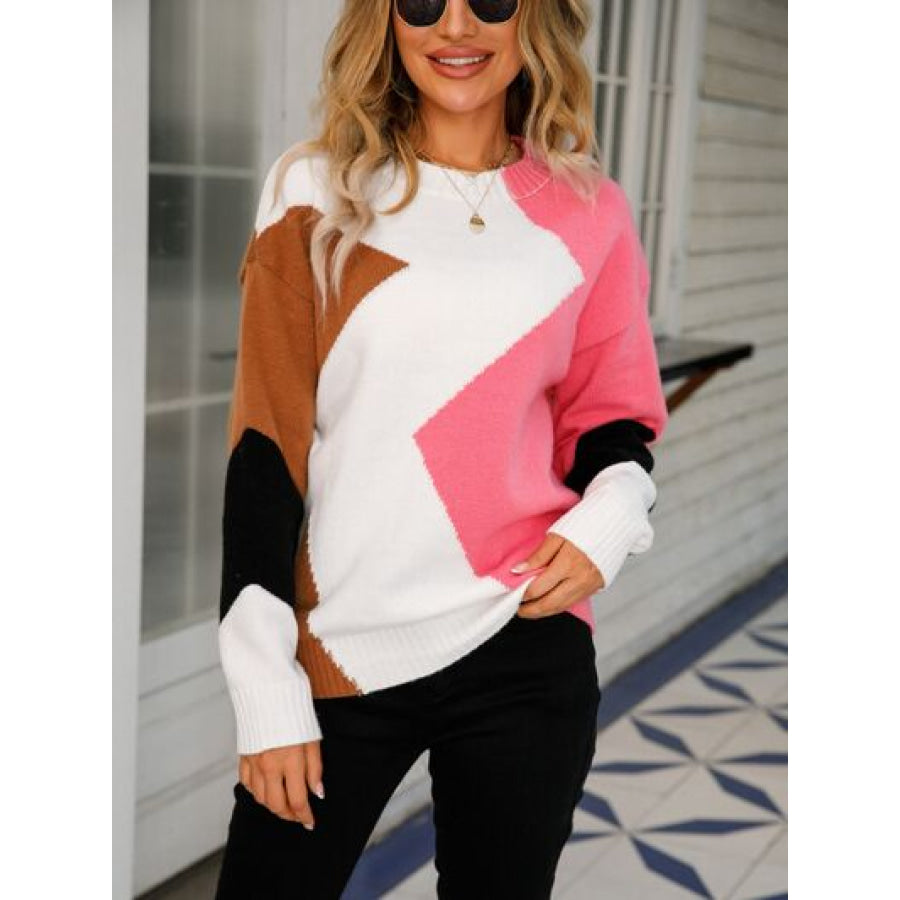 Color Block Round Neck Dropped Shoulder Sweater Strawberry / S Apparel and Accessories