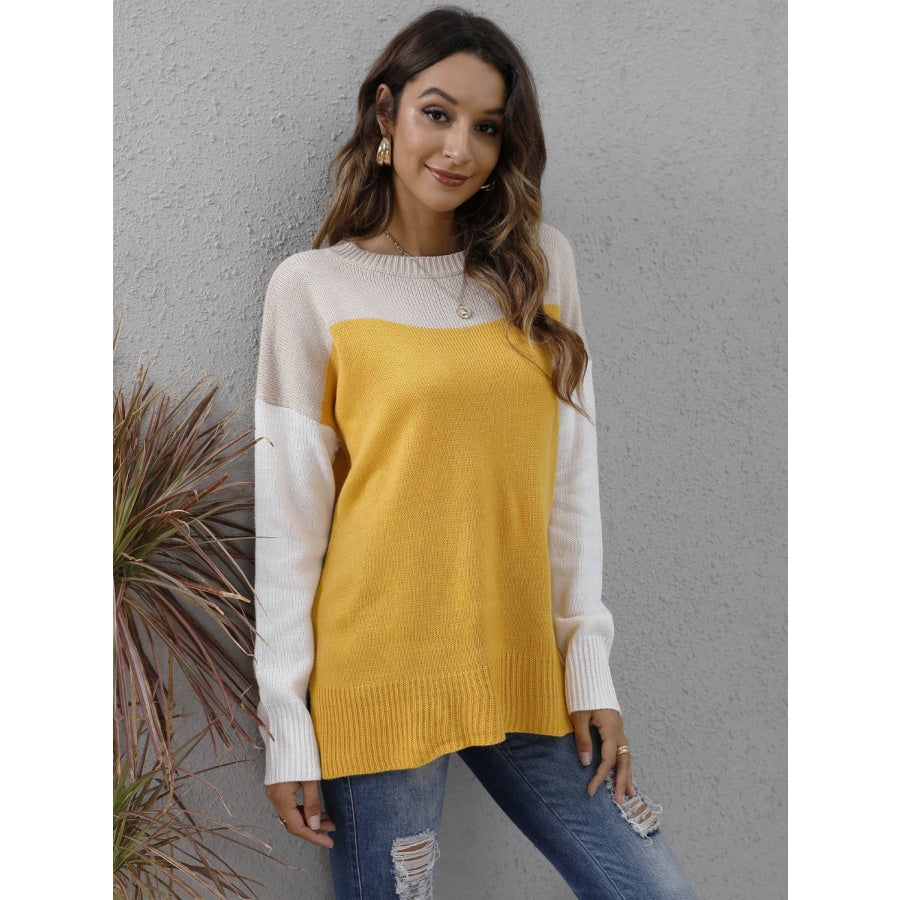 Color Block Round Neck Dropped Shoulder Sweater