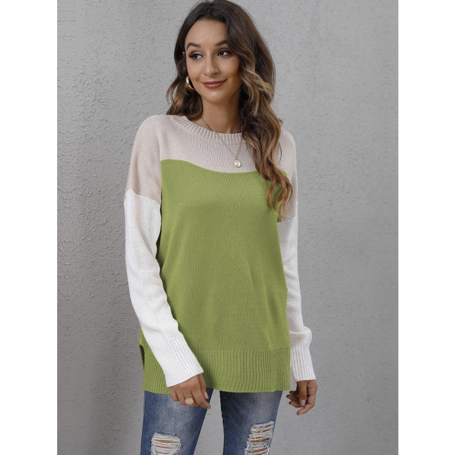 Color Block Round Neck Dropped Shoulder Sweater