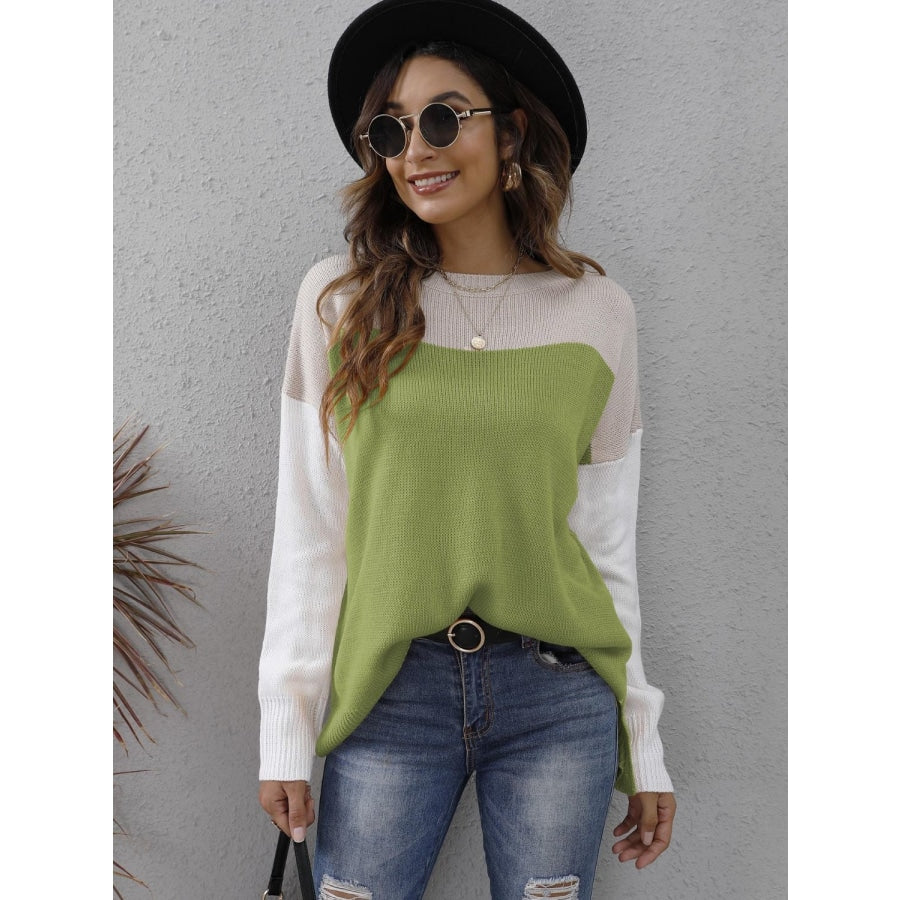 Color Block Round Neck Dropped Shoulder Sweater