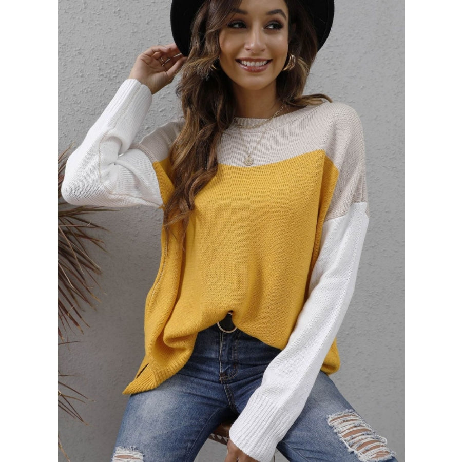 Color Block Round Neck Dropped Shoulder Sweater