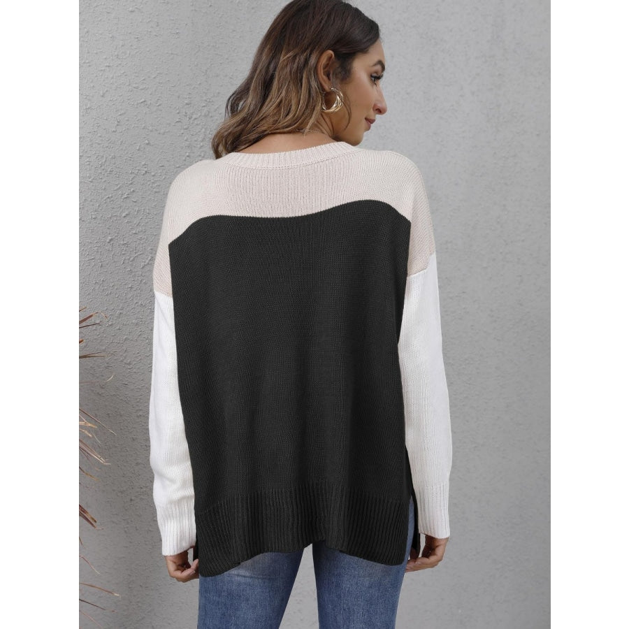 Color Block Round Neck Dropped Shoulder Sweater