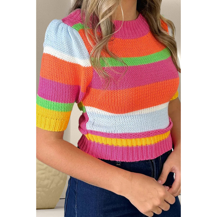 Color Block Round Neck Half Sleeve Knit Top Orange / S Apparel and Accessories