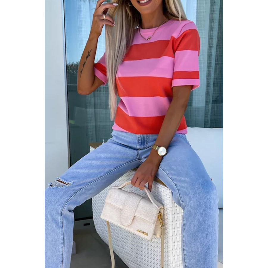 Color Block Round Neck Half Sleeve Top Apparel and Accessories