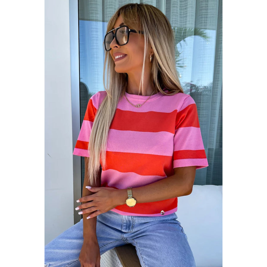 Color Block Round Neck Half Sleeve Top Apparel and Accessories
