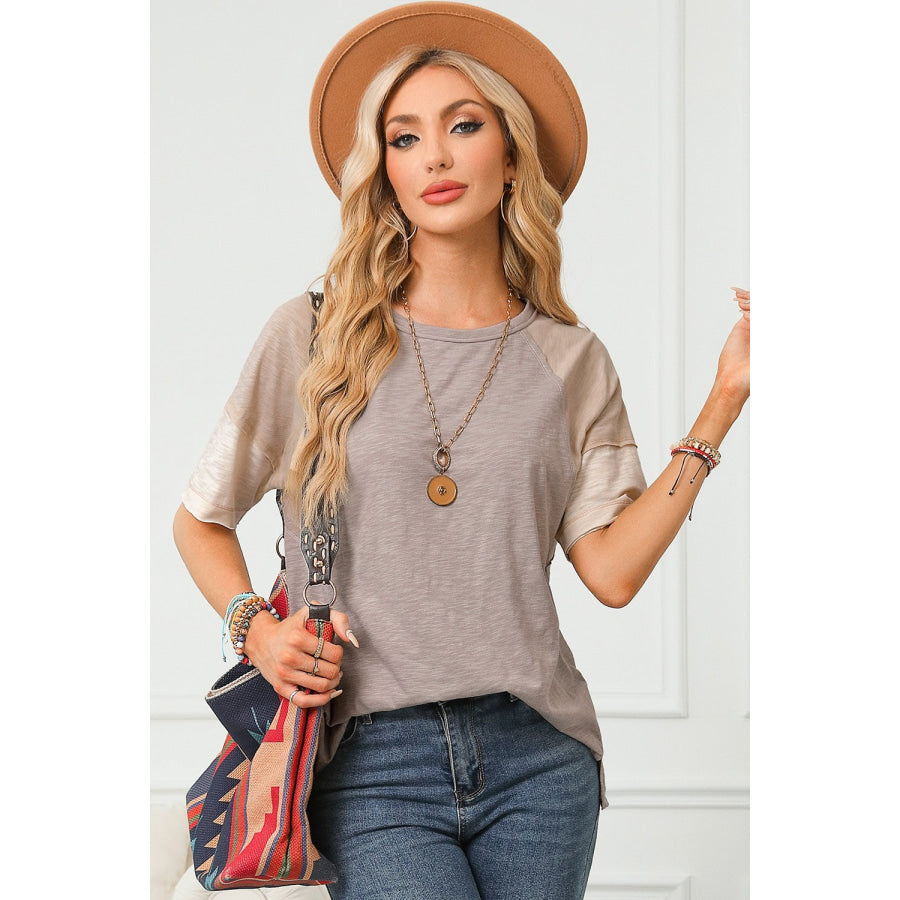 Color Block Round Neck Half Sleeve Top Eggshell / S Apparel and Accessories