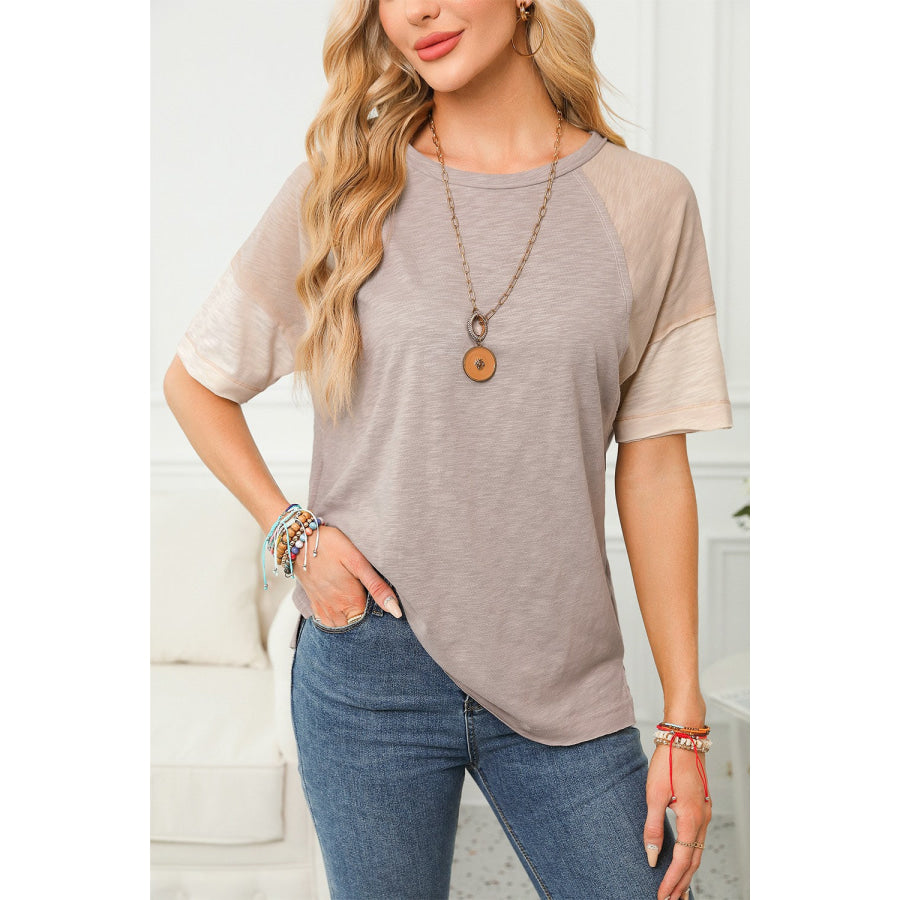Color Block Round Neck Half Sleeve Top Eggshell / S Apparel and Accessories