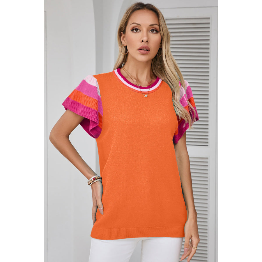 Color Block Round Neck Knit Top Orange / S Apparel and Accessories