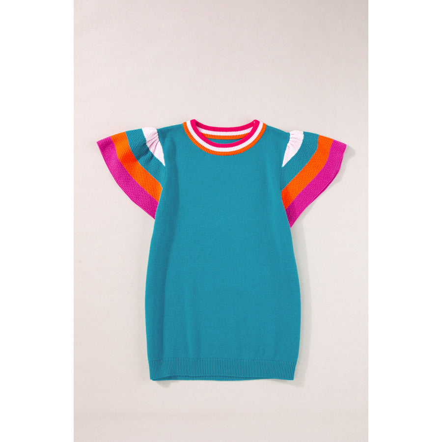 Color Block Round Neck Knit Top Cerulean / S Apparel and Accessories