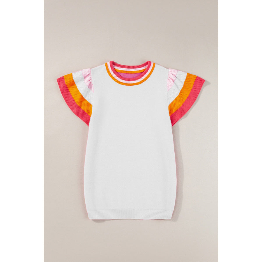 Color Block Round Neck Knit Top White / S Apparel and Accessories
