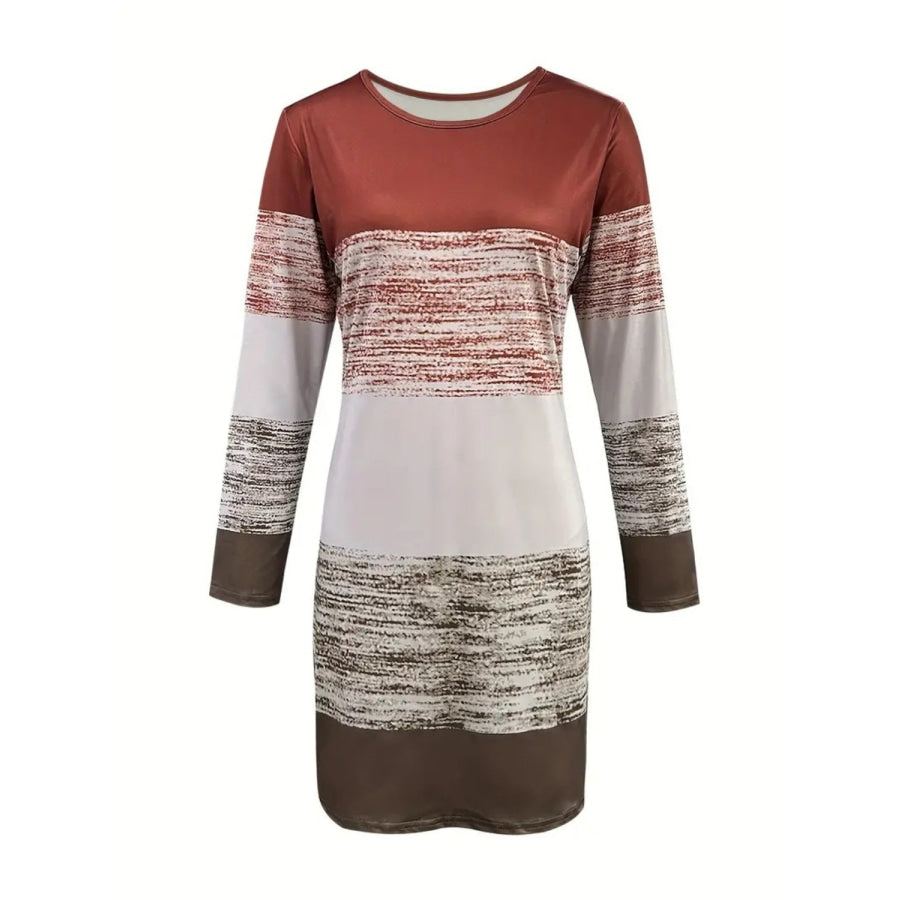 Color Block Round Neck Long Sleeve Dress Apparel and Accessories