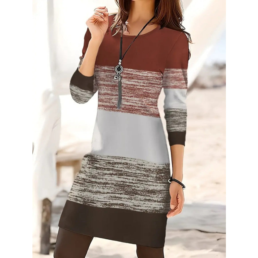 Color Block Round Neck Long Sleeve Dress Apparel and Accessories
