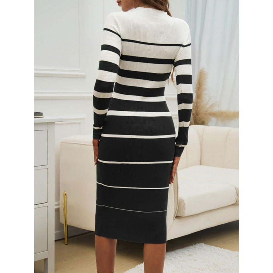 Color Block Round Neck Long Sleeve Midi Dress Apparel and Accessories