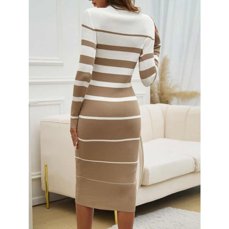 Color Block Round Neck Long Sleeve Midi Dress Apparel and Accessories