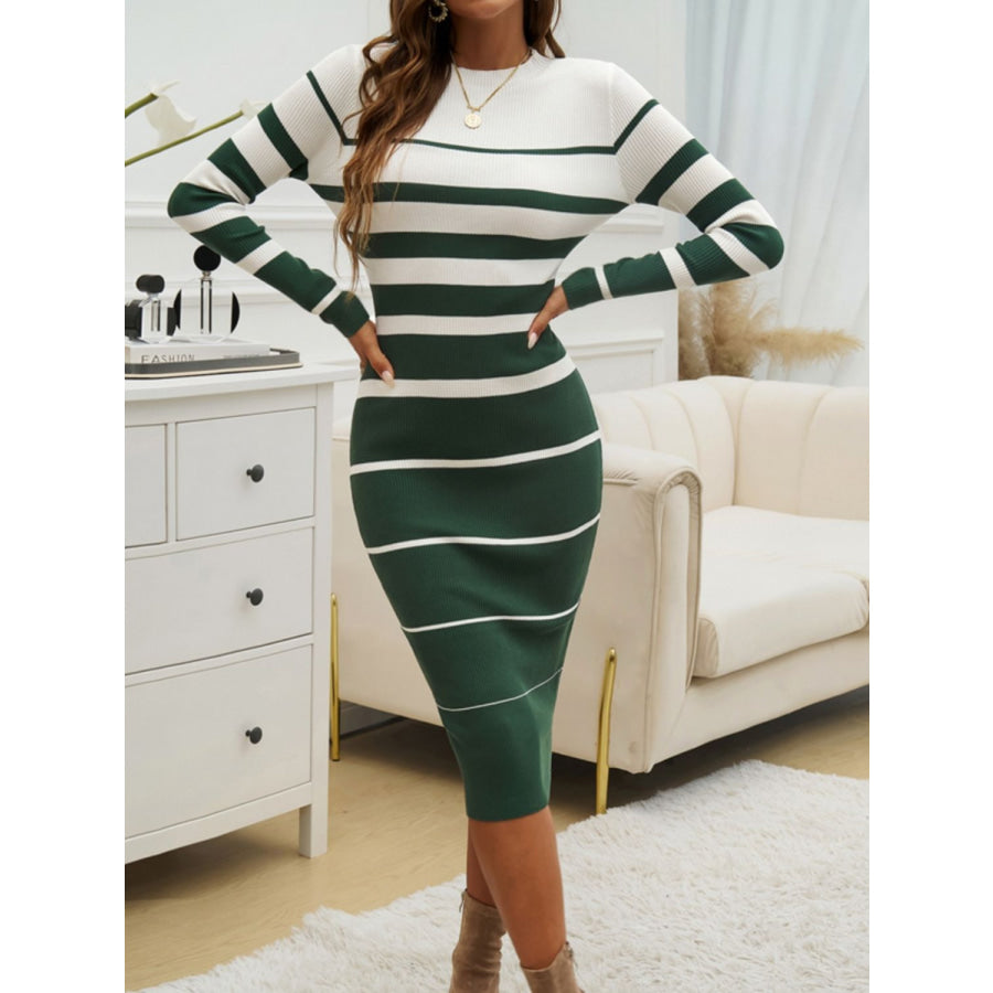 Color Block Round Neck Long Sleeve Midi Dress Apparel and Accessories