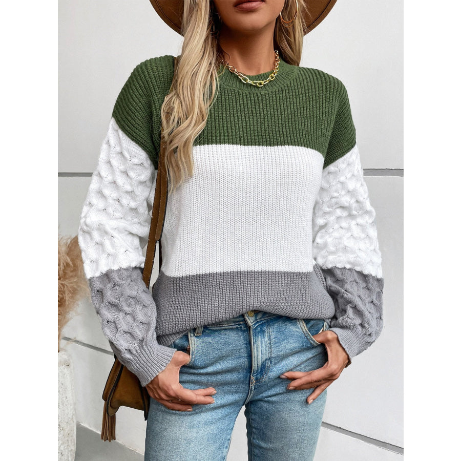 Color Block Round Neck Long Sleeve Sweater Apparel and Accessories