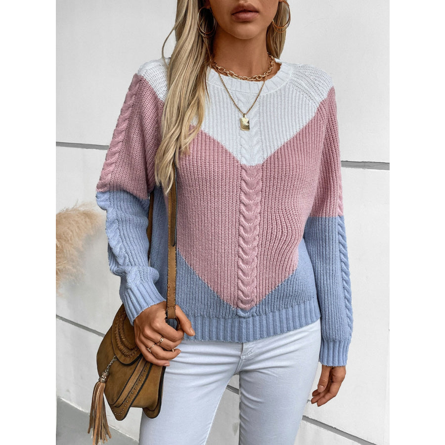 Color Block Round Neck Long Sleeve Sweater Apparel and Accessories