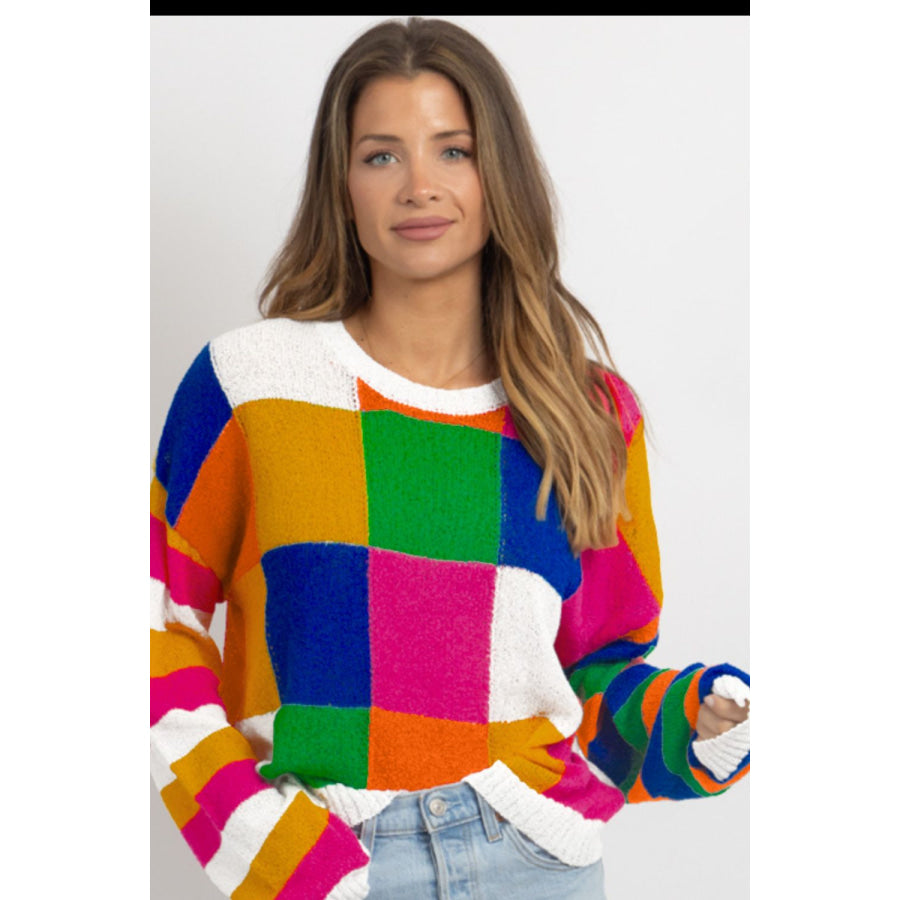 Color Block Round Neck Long Sleeve Sweater Orange / S Apparel and Accessories