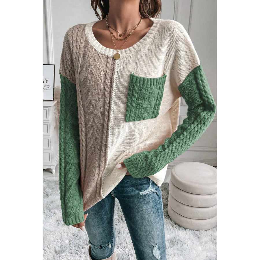 Color Block Round Neck Long Sleeve Sweater Matcha Green / S Apparel and Accessories