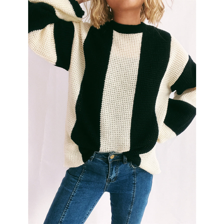 Color Block Round Neck Long Sleeve Sweater Apparel and Accessories