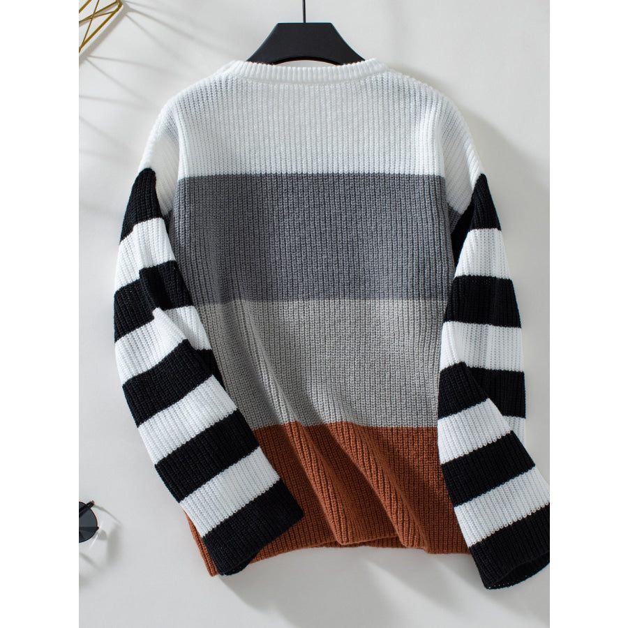 Color Block Round Neck Long Sleeve Sweater Apparel and Accessories