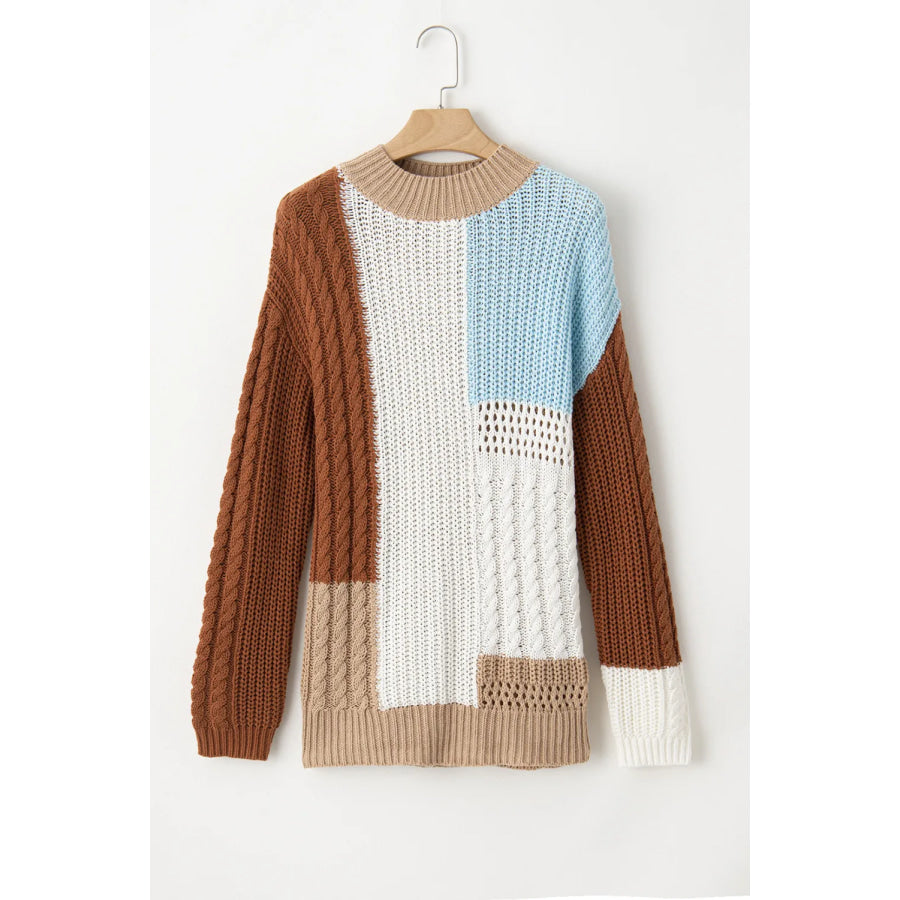 Color Block Round Neck Long Sleeve Sweater Apparel and Accessories