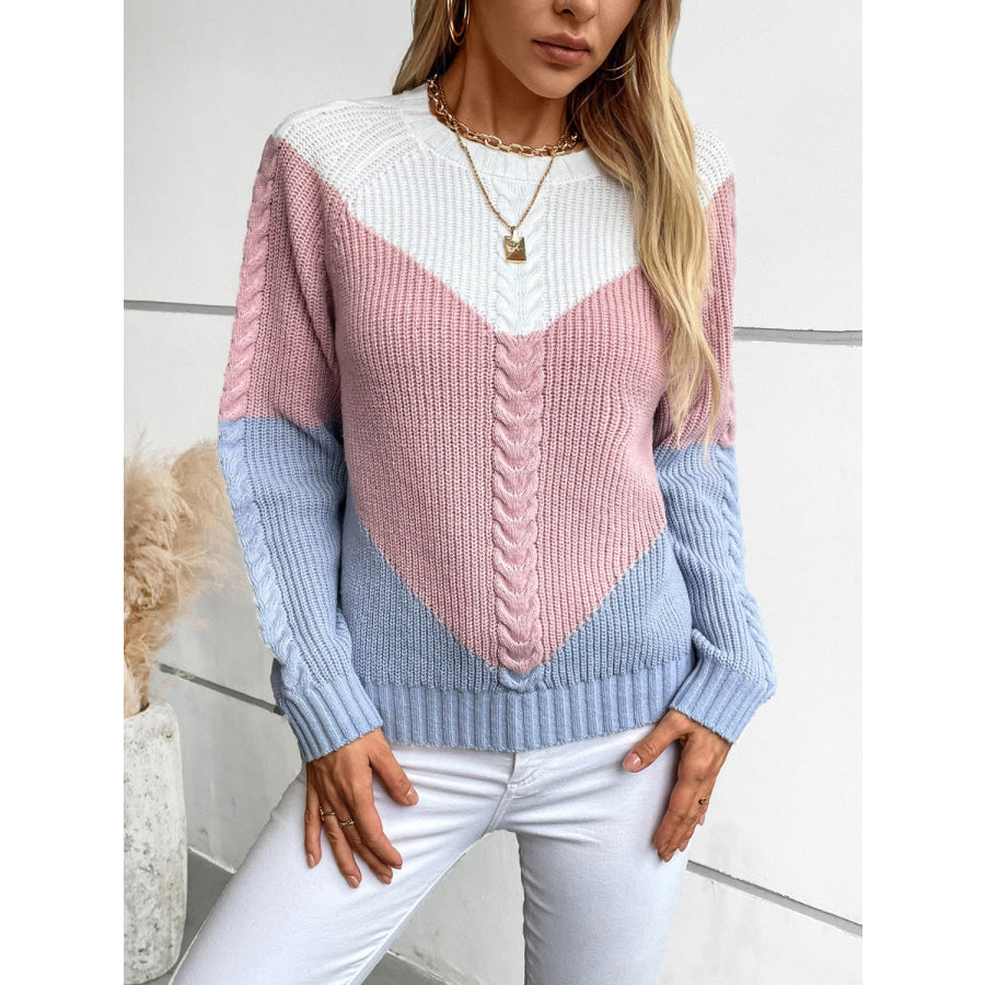 Color Block Round Neck Long Sleeve Sweater Apparel and Accessories