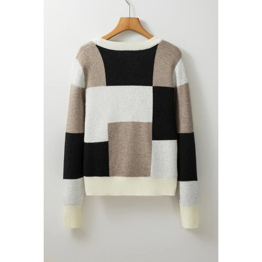Color Block Round Neck Long Sleeve Sweater Apparel and Accessories