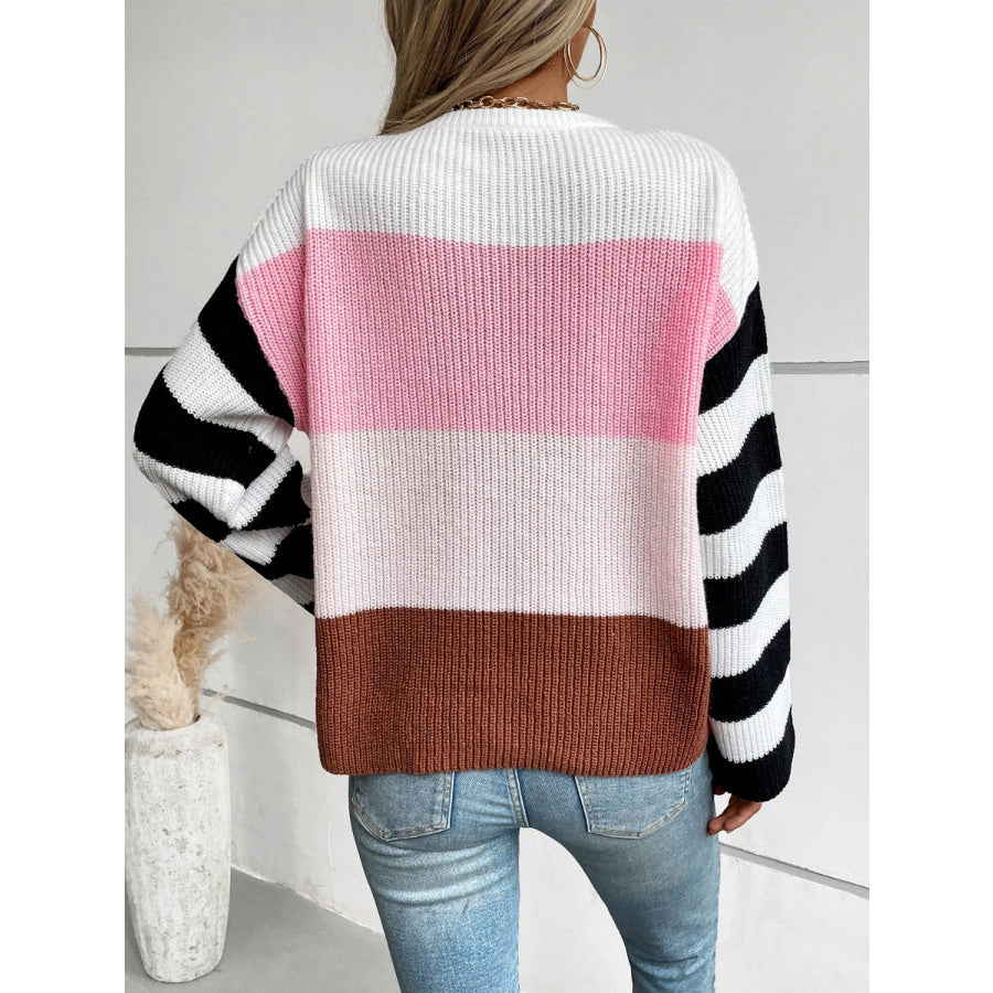 Color Block Round Neck Long Sleeve Sweater Blush Pink / S Apparel and Accessories
