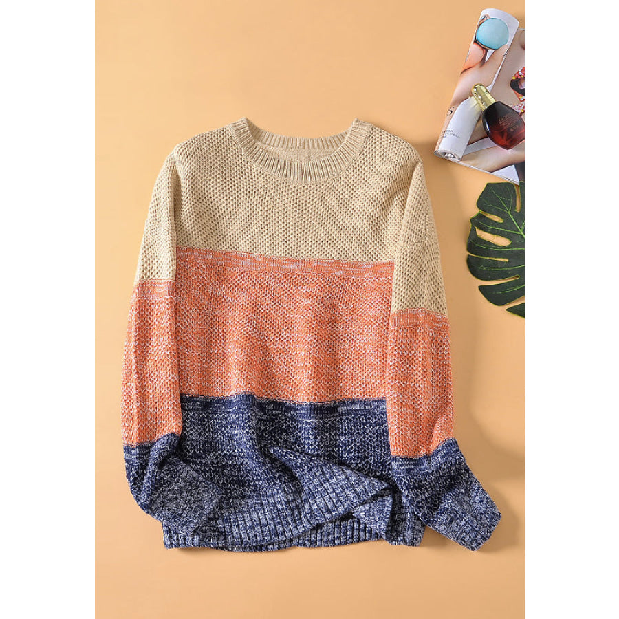 Color Block Round Neck Long Sleeve Sweater Apparel and Accessories