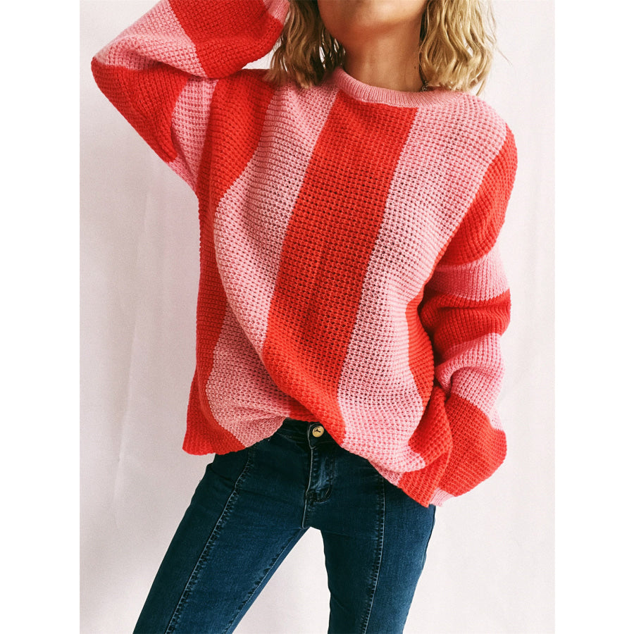 Color Block Round Neck Long Sleeve Sweater Apparel and Accessories