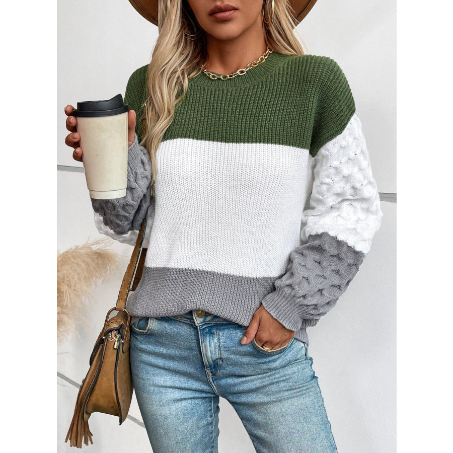Color Block Round Neck Long Sleeve Sweater Apparel and Accessories