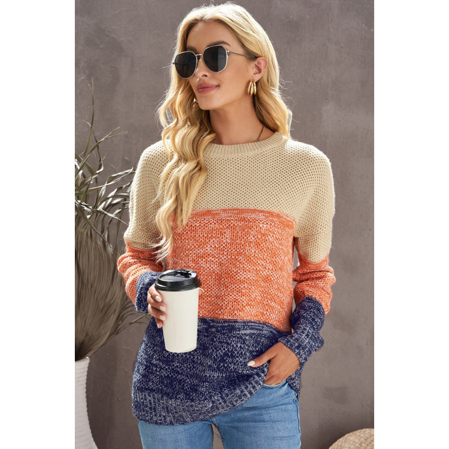 Color Block Round Neck Long Sleeve Sweater Apparel and Accessories