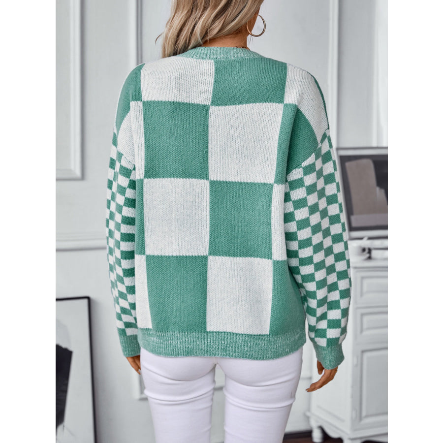 Color Block Round Neck Long Sleeve Sweater Turquoise / S Apparel and Accessories