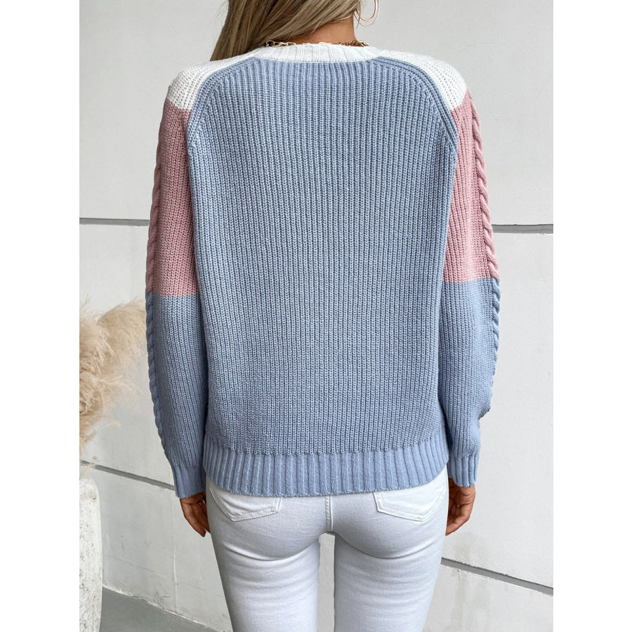 Color Block Round Neck Long Sleeve Sweater Apparel and Accessories