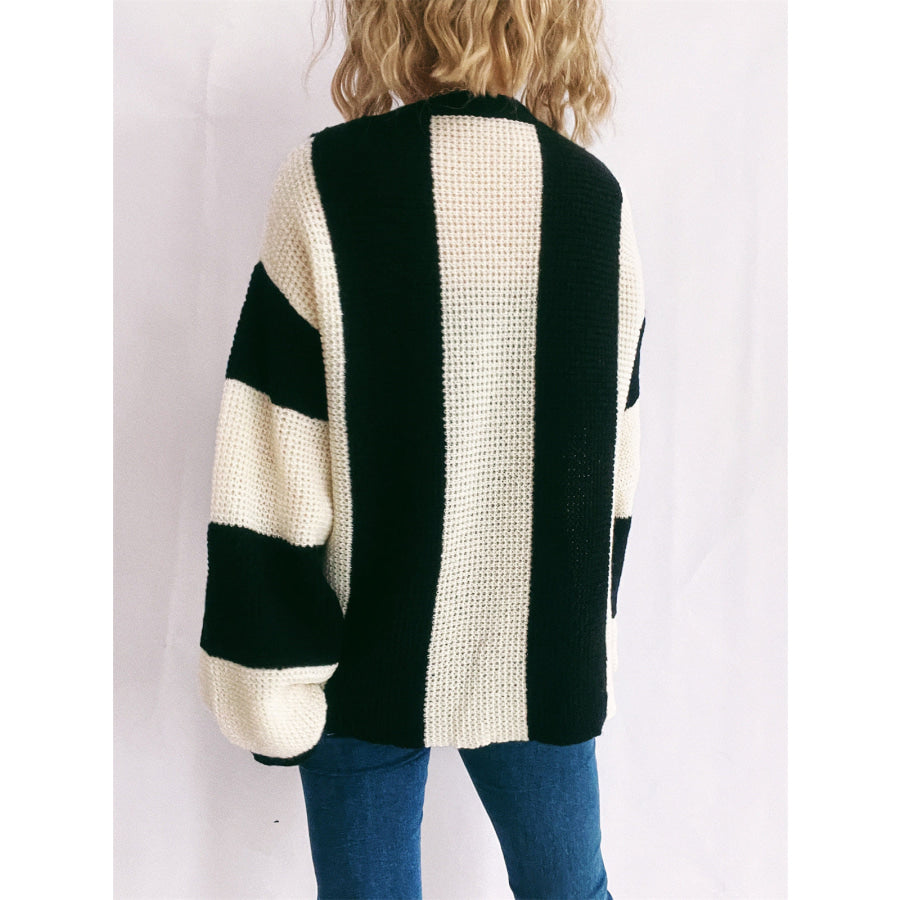 Color Block Round Neck Long Sleeve Sweater Black / S Apparel and Accessories