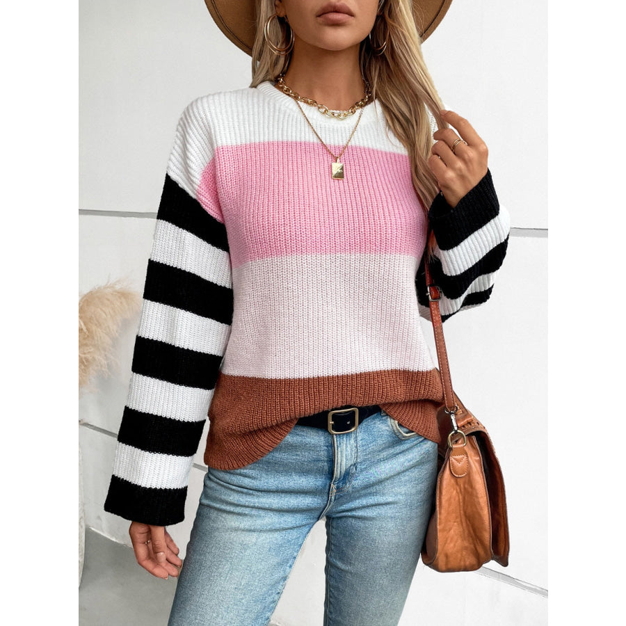 Color Block Round Neck Long Sleeve Sweater Apparel and Accessories