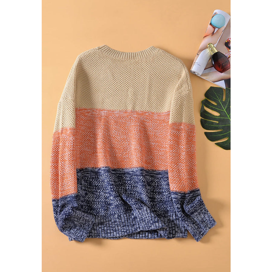 Color Block Round Neck Long Sleeve Sweater Apparel and Accessories