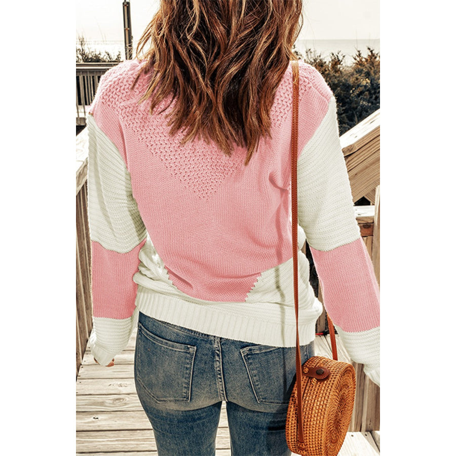 Color Block Round Neck Long Sleeve Sweater Apparel and Accessories