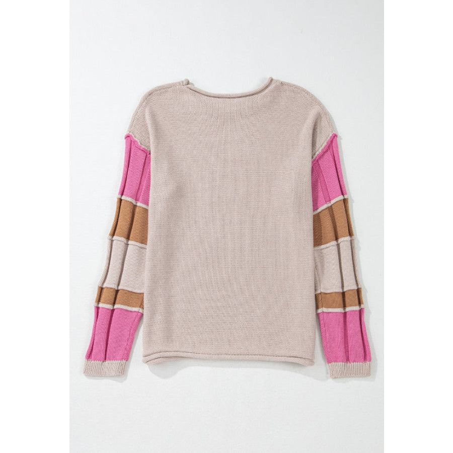 Color Block Round Neck Long Sleeve Sweater Apparel and Accessories