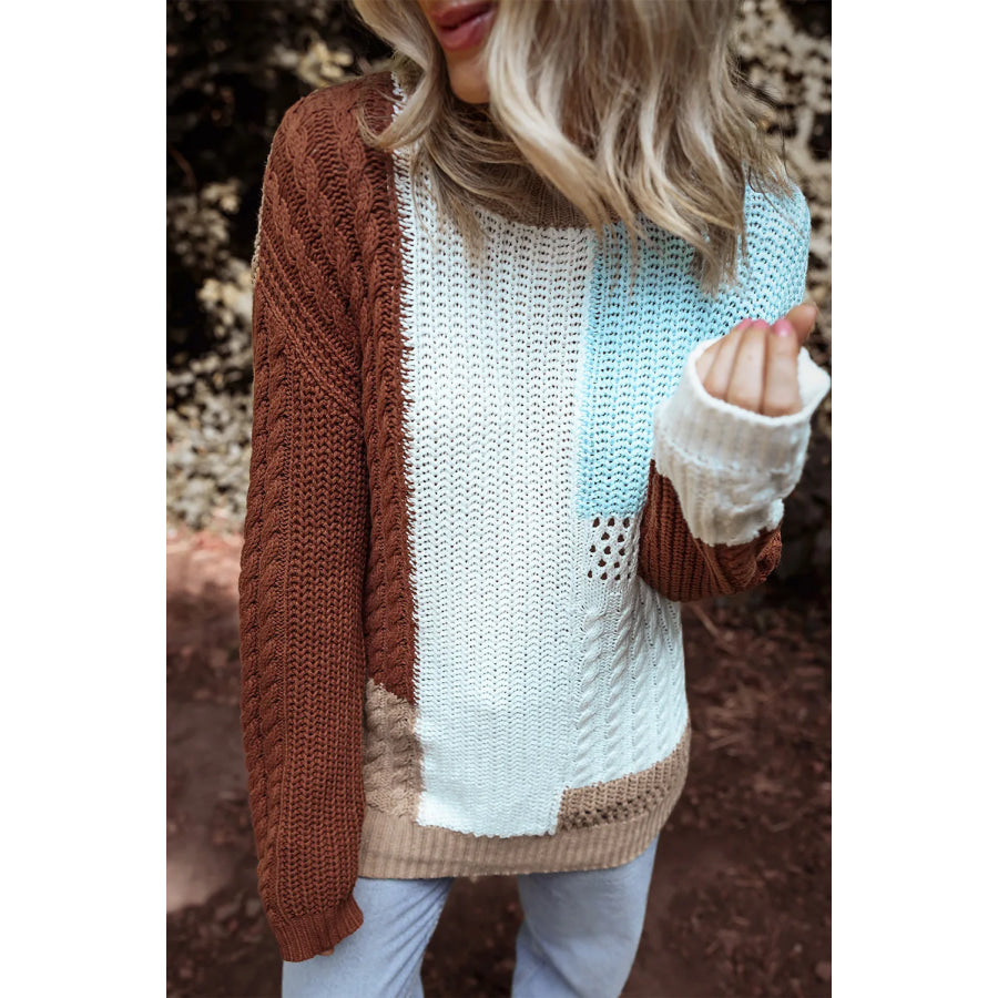 Color Block Round Neck Long Sleeve Sweater Apparel and Accessories