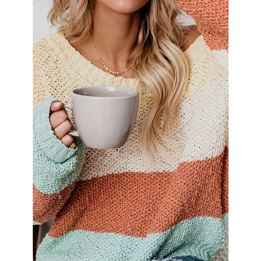 Color Block Round Neck Long Sleeve Sweater Multicolor / S Apparel and Accessories