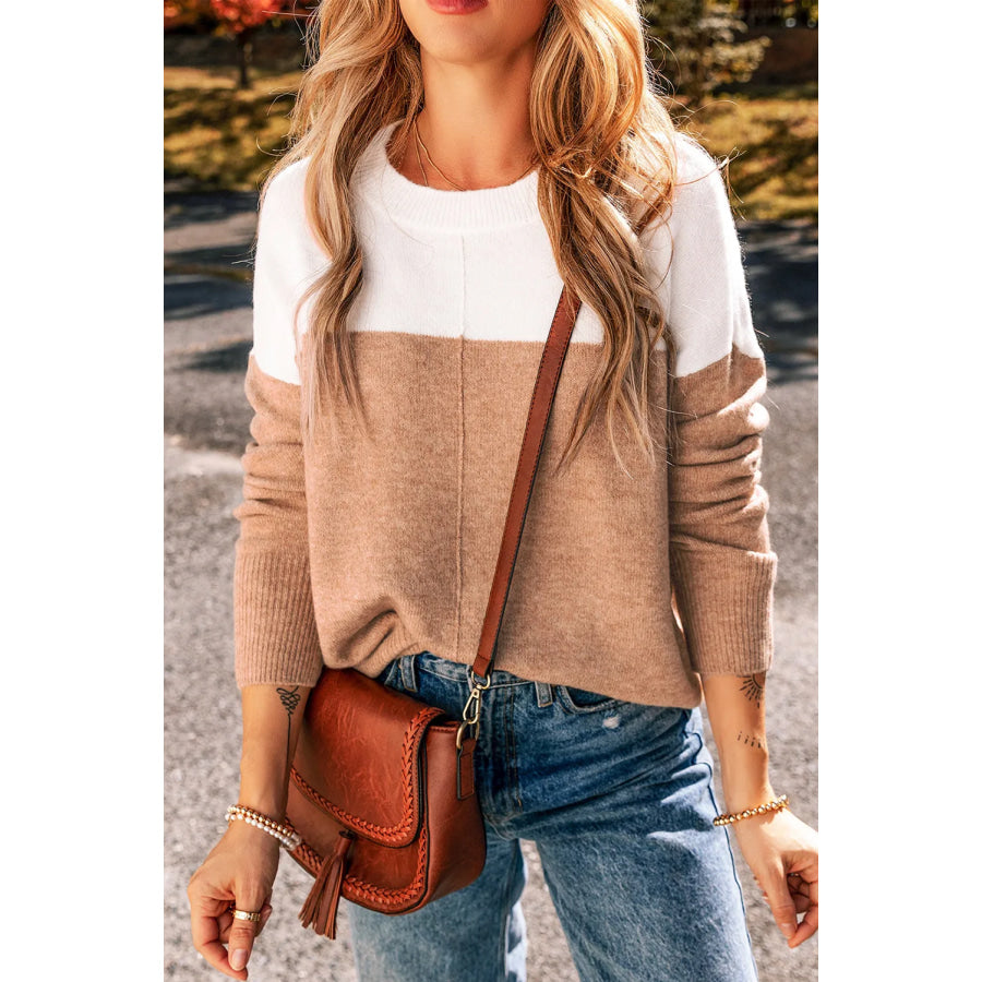 Color Block Round Neck Long Sleeve Sweater Apparel and Accessories