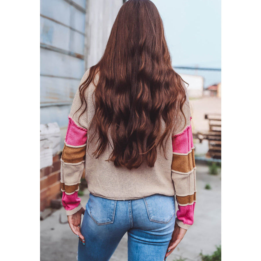 Color Block Round Neck Long Sleeve Sweater Beige / S Apparel and Accessories