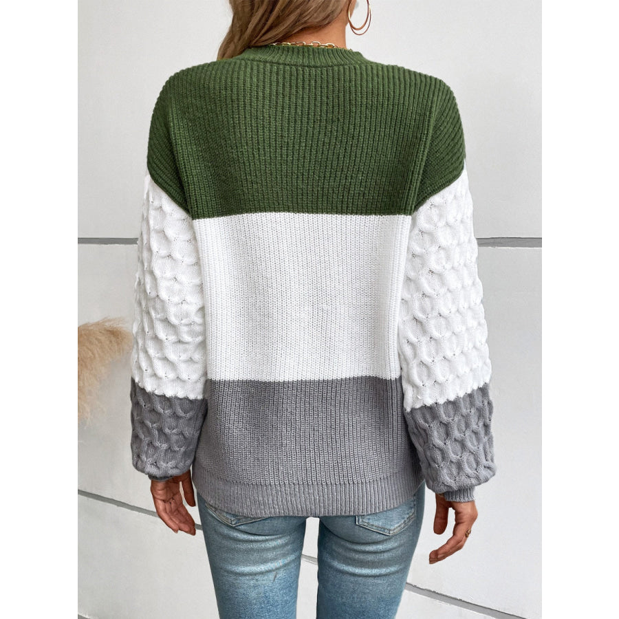 Color Block Round Neck Long Sleeve Sweater Army Green / S Apparel and Accessories