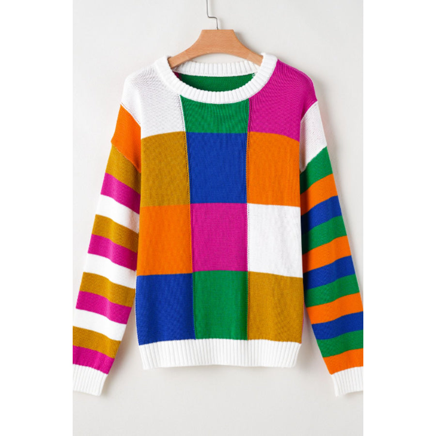 Color Block Round Neck Long Sleeve Sweater Apparel and Accessories