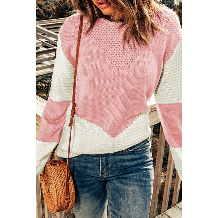 Color Block Round Neck Long Sleeve Sweater Apparel and Accessories